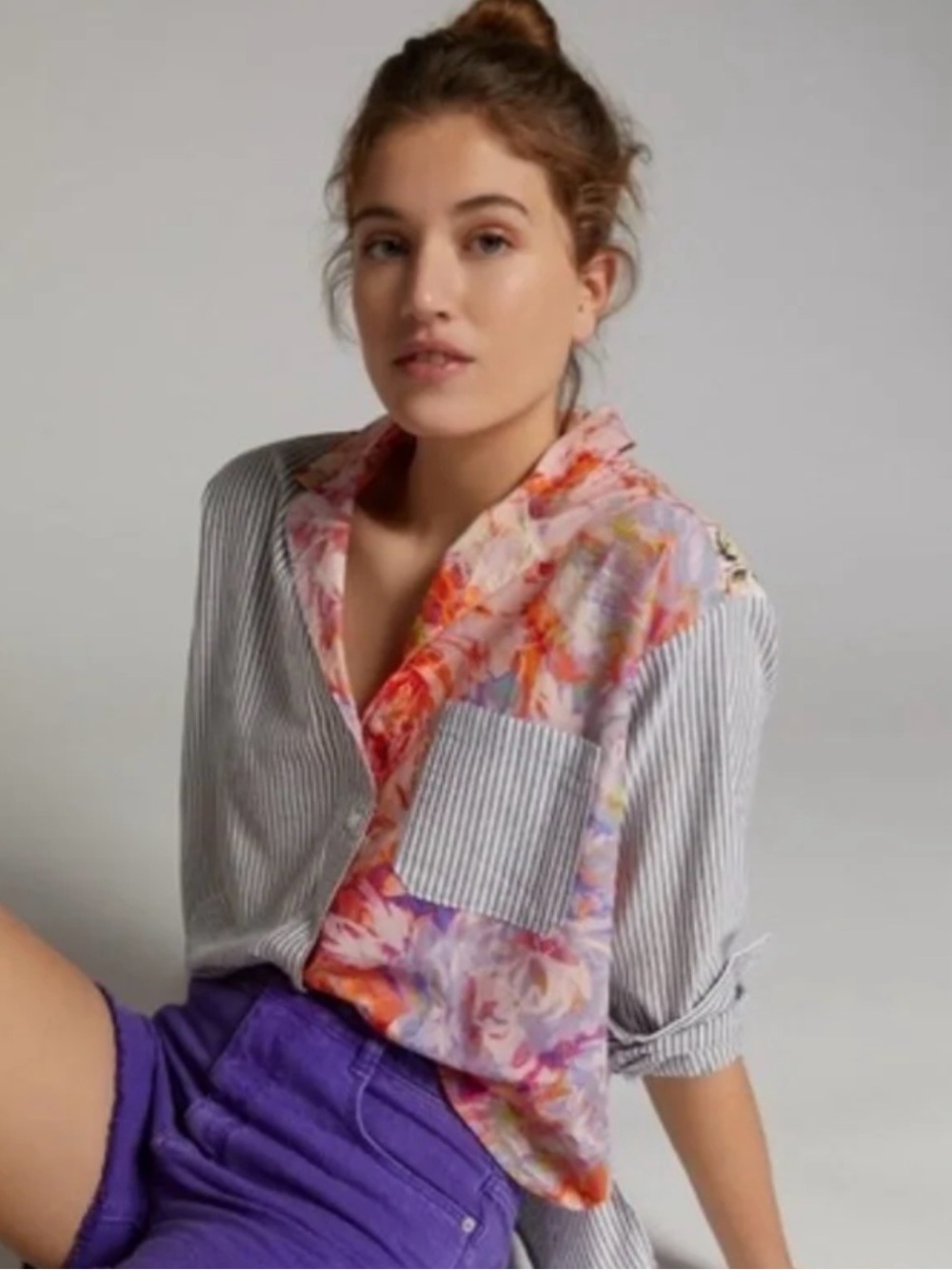Maeve Two-Tone Floral & Stripe Button-Down Shirt